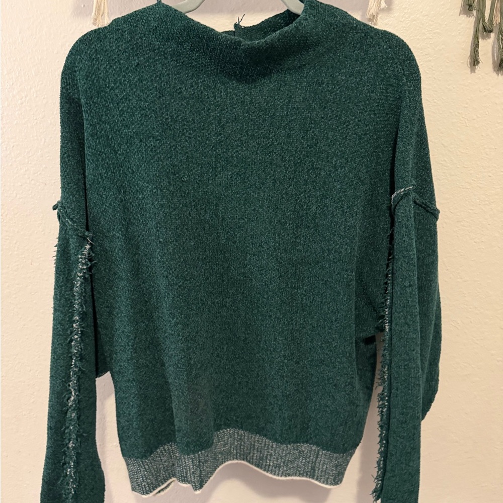 Zenana Outfitters Teal Sweater with Frayed Sleeves